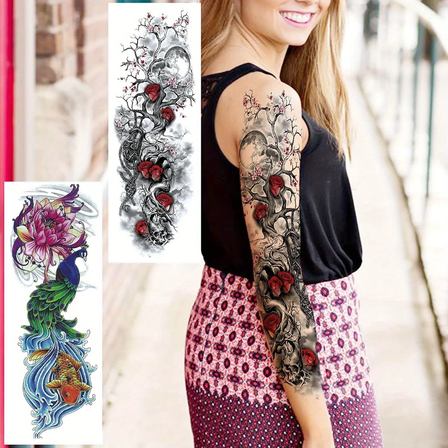 11 Sheets, Large Vine Peony Flower Rose Full Arm Temporary Tattoos For Women Realistic Skull Skeleton Fake Temporary Tattoo Sleeves Stickers Waterproof Leg Makeup Floral Blossom Tattoos Paper Eye