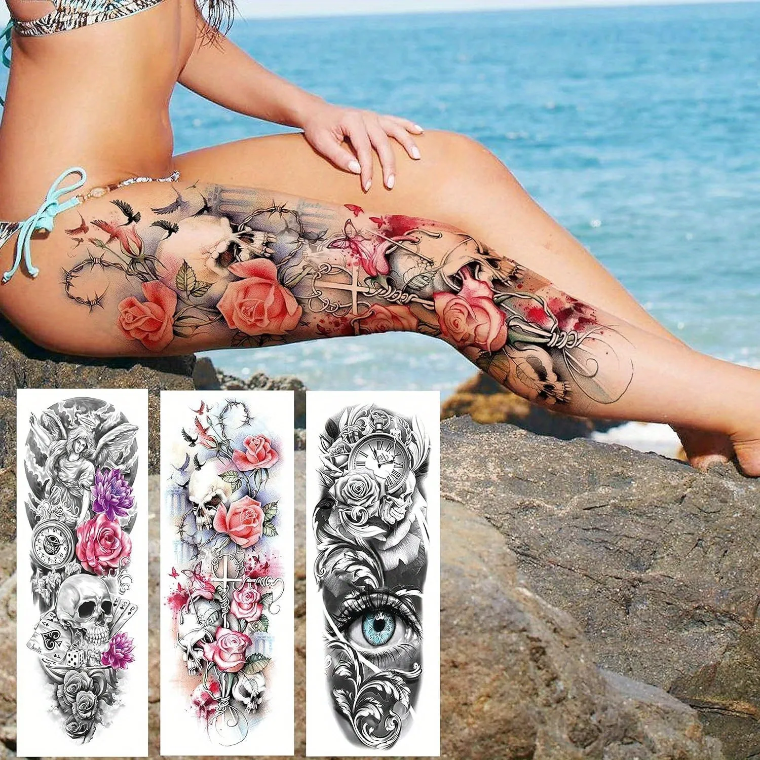 11 Sheets, Large Vine Peony Flower Rose Full Arm Temporary Tattoos For Women Realistic Skull Skeleton Fake Temporary Tattoo Sleeves Stickers Waterproof Leg Makeup Floral Blossom Tattoos Paper Eye