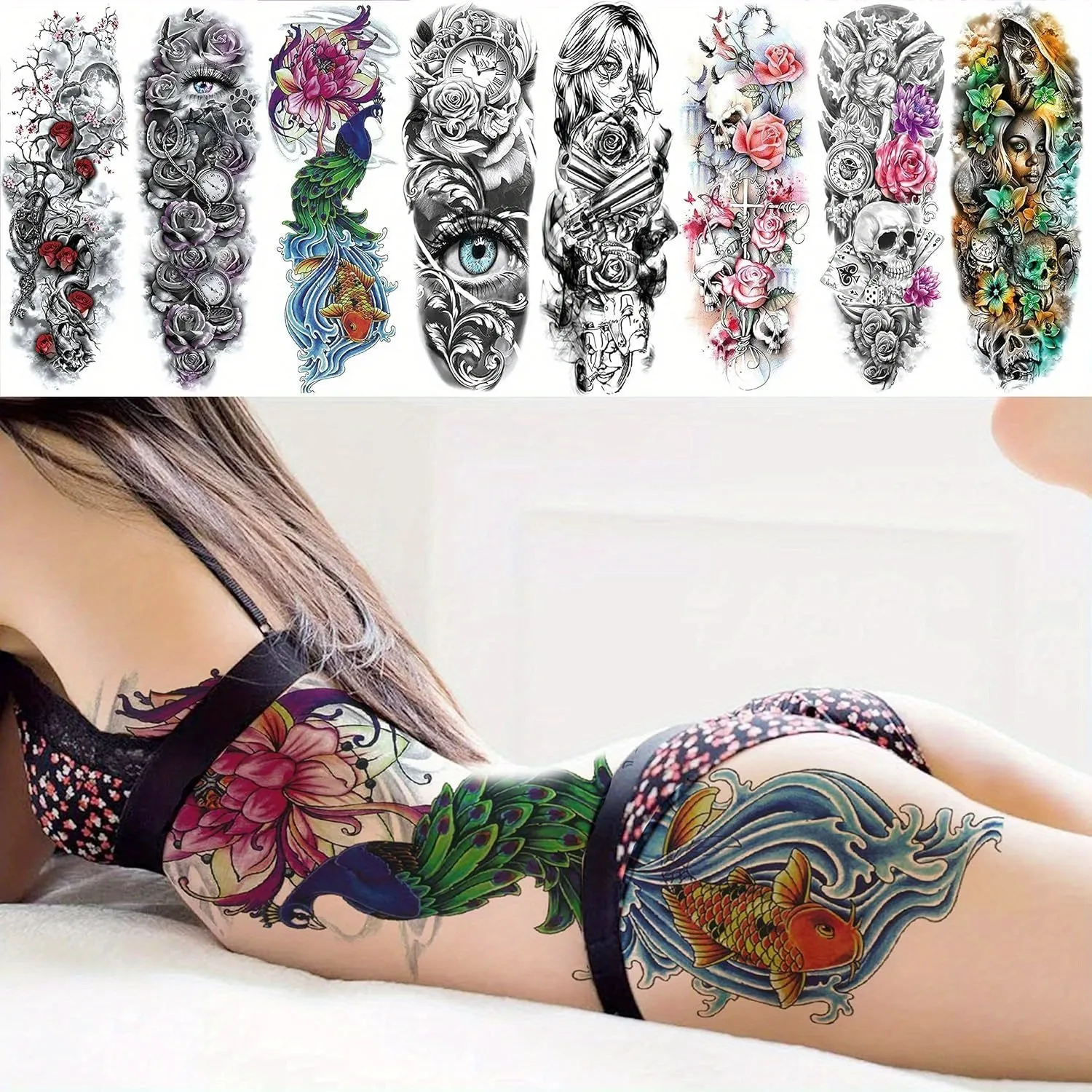 11 Sheets, Large Vine Peony Flower Rose Full Arm Temporary Tattoos For Women Realistic Skull Skeleton Fake Temporary Tattoo Sleeves Stickers Waterproof Leg Makeup Floral Blossom Tattoos Paper Eye