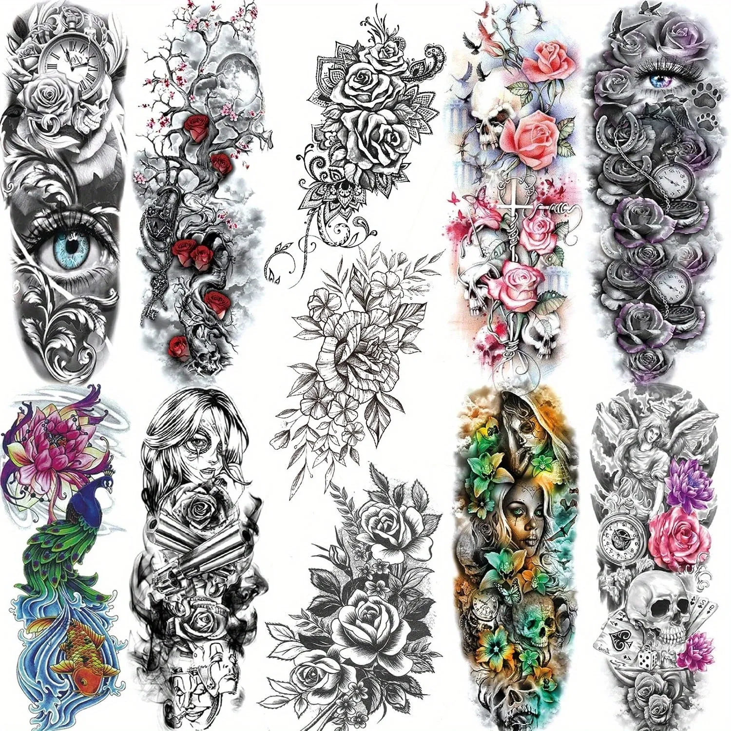 11 Sheets, Large Vine Peony Flower Rose Full Arm Temporary Tattoos For Women Realistic Skull Skeleton Fake Temporary Tattoo Sleeves Stickers Waterproof Leg Makeup Floral Blossom Tattoos Paper Eye