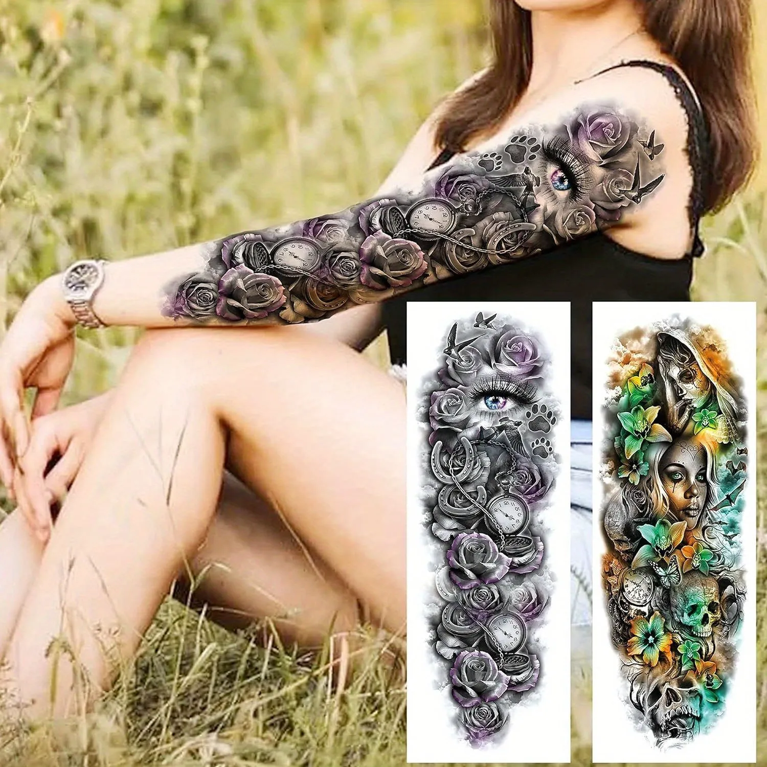 11 Sheets, Large Vine Peony Flower Rose Full Arm Temporary Tattoos For Women Realistic Skull Skeleton Fake Temporary Tattoo Sleeves Stickers Waterproof Leg Makeup Floral Blossom Tattoos Paper Eye