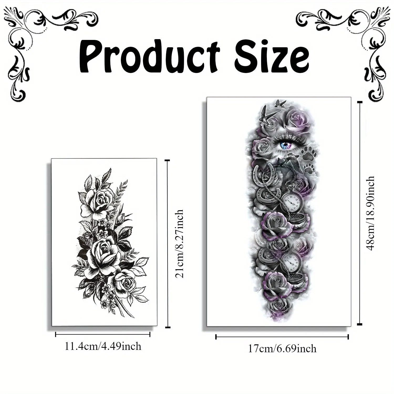 11 Sheets, Large Vine Peony Flower Rose Full Arm Temporary Tattoos For Women Realistic Skull Skeleton Fake Temporary Tattoo Sleeves Stickers Waterproof Leg Makeup Floral Blossom Tattoos Paper Eye