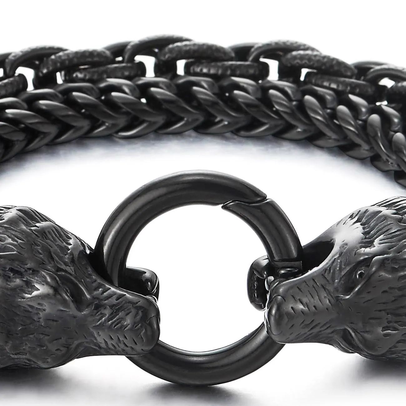 COOLSTEELANDBEYOND Biker Viking Black Wolf Heads Bracelet Mens Steel Double Curb Chain Braided Rope Chain Bracelet