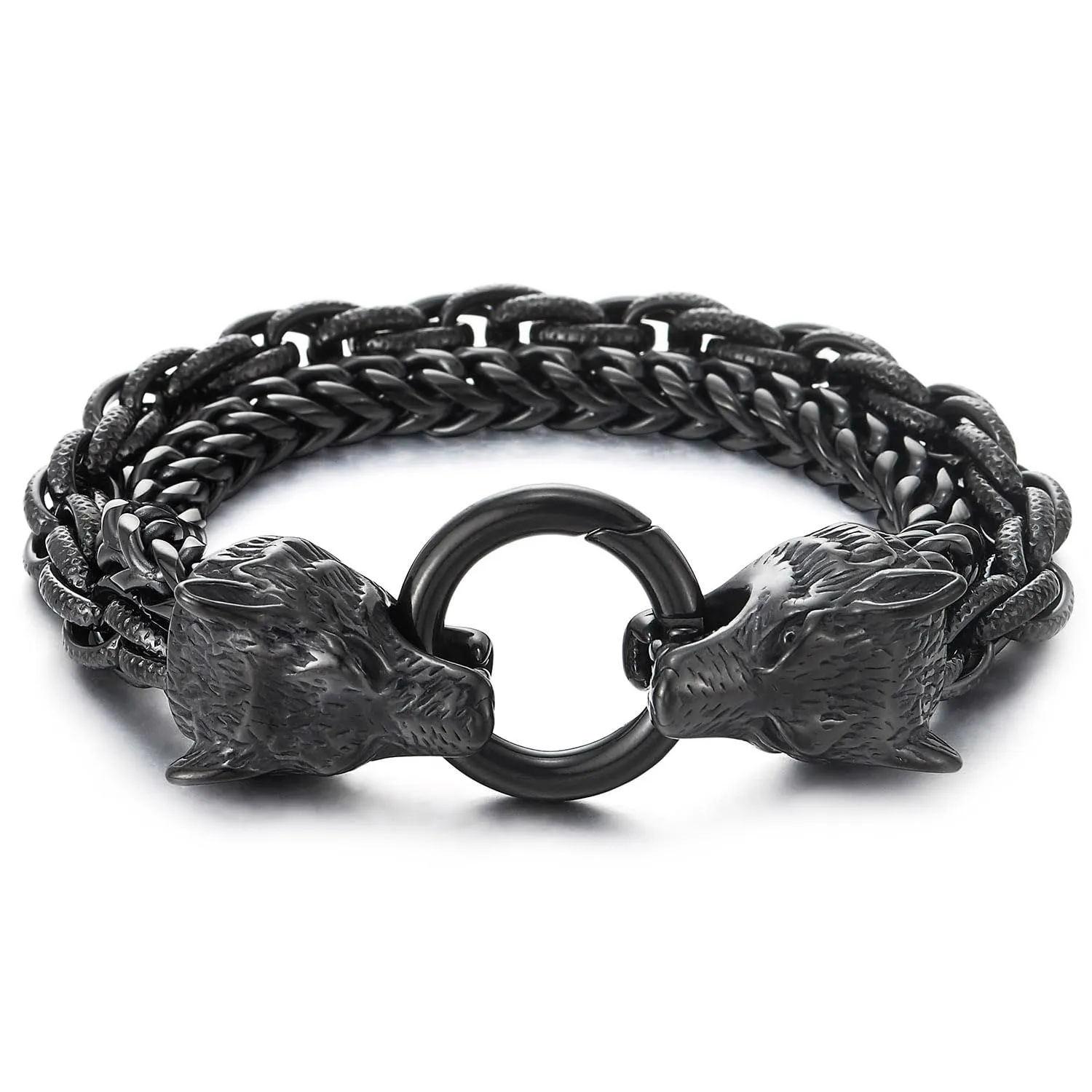 COOLSTEELANDBEYOND Biker Viking Black Wolf Heads Bracelet Mens Steel Double Curb Chain Braided Rope Chain Bracelet