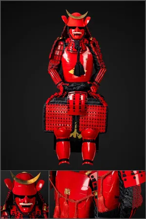 Handmade Red Masamune Date Japanese Samurai Armor，Life-Size Yoroi  with Crescent Suji Helmet