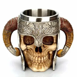 Viking warrior horned skull mug